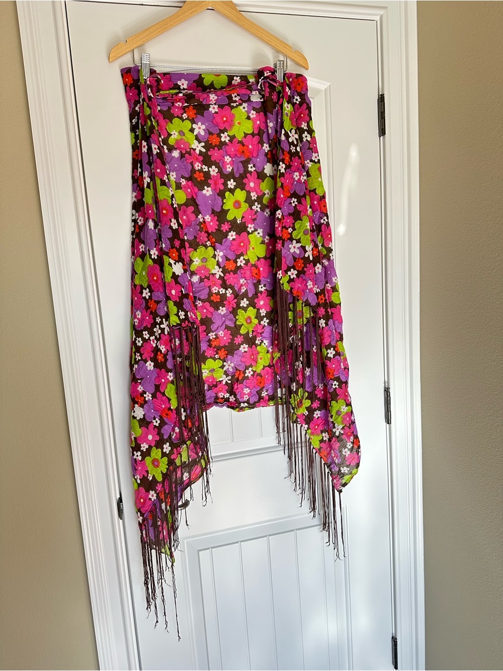 Cejon multicoloured floral shawl with brown fringe